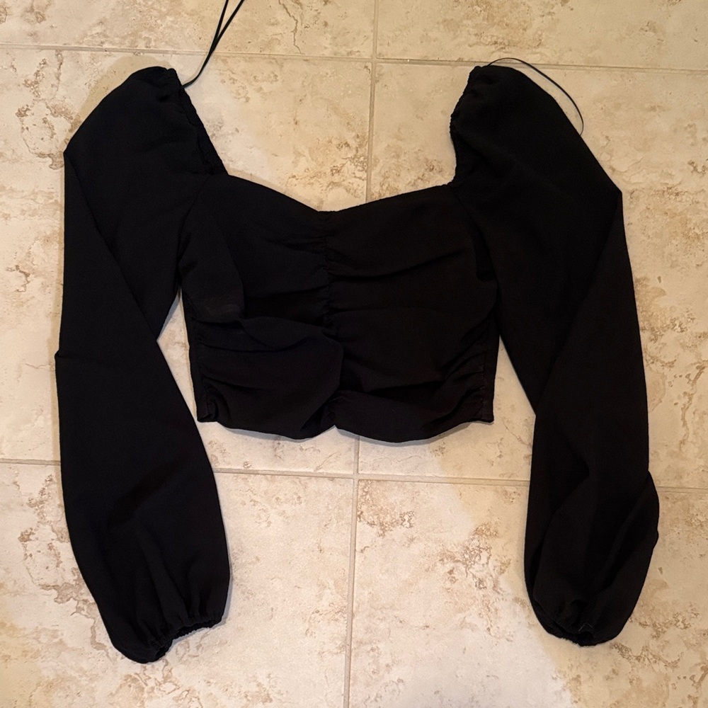 Sophie Rue Black Puff-Sleeve Ruched Crop Top